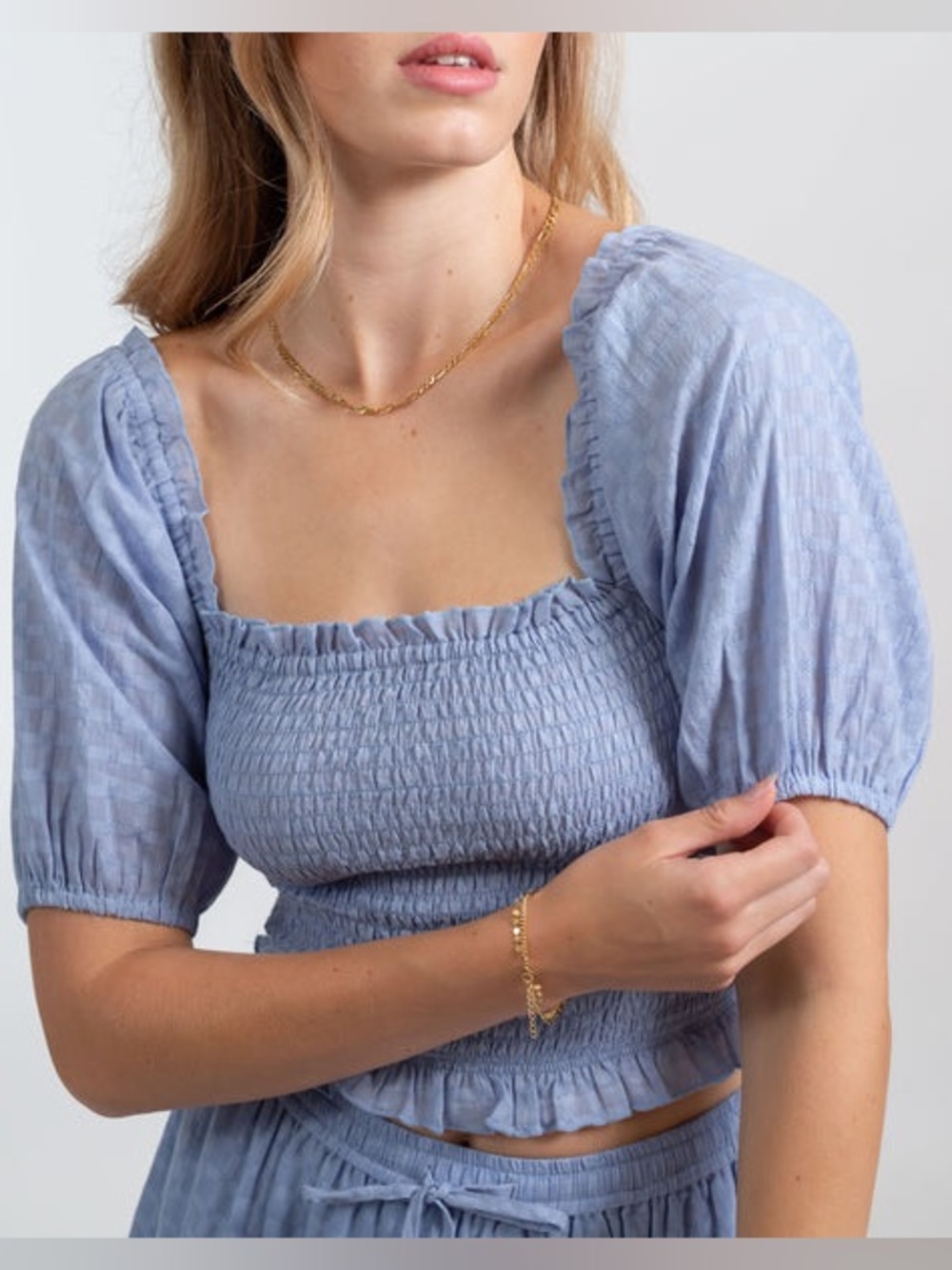 NWT KOY Resort Smocked Puff Sleeve Crop Top Blue Medium
